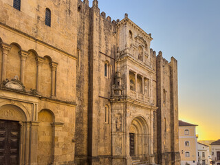 Fototapeta premium Principal facade of Se Velha, Santa Maria de Coimbra, the old Cathedral of Coimbra. Portugal.