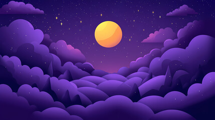 Full moon light purple sky stars violet clouds space and galaxy universe. Moonlit. Illustration