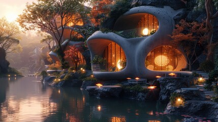 Modern, cave-like homes nestled by a tranquil lake at dusk.  Warm lights illuminate the unique architecture, creating a serene atmosphere.