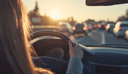 Fototapeta premium Seeing another car ahead of them, a person is driving on the highway, steering with both hands.