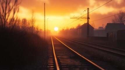 Fototapeta premium Sunrise over misty railway tracks vanishing into the orange horizon.