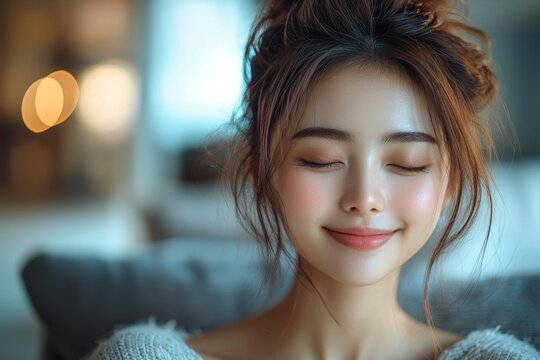 An Asian businesswoman focuses on achieving work-life balance and relaxation in a cozy environment.