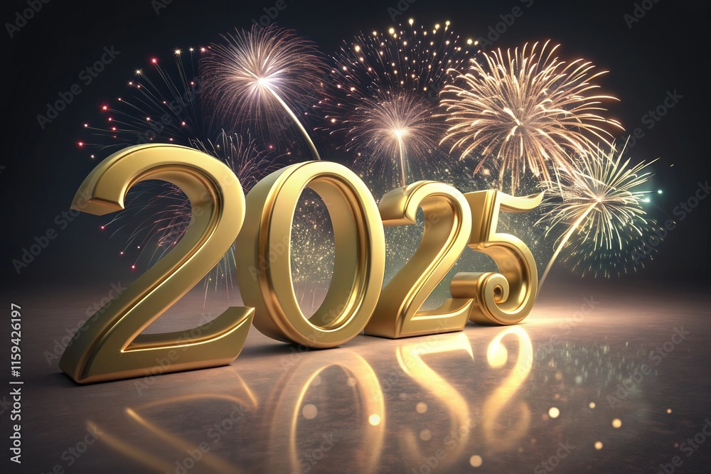 Fototapete 2025 gold with golden and firework happy new year template banner with modern 3d text effect