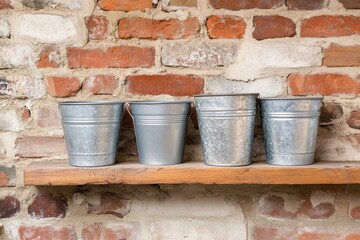 Naklejka premium Rustic Metal Buckets on Brick Shelf - Four galvanized metal buckets sit on a rustic wooden shelf against a red brick wall, symbolizing simplicity, rustic charm, storage, gardening, and vintage appeal.