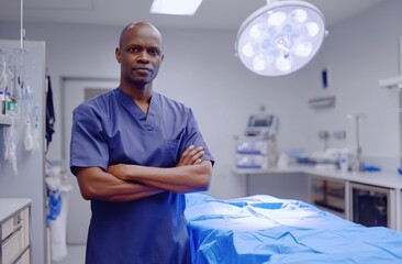 Confident surgeon standing in modern operating room with professional equipment
