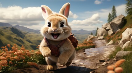 Obraz premium Cute Bunny Backpack Adventure Mountain Trail Hike Joyful Flowers