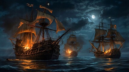 Obraz premium Epic Naval Battle at Night, 18th Century Warships in Stormy Seas V2