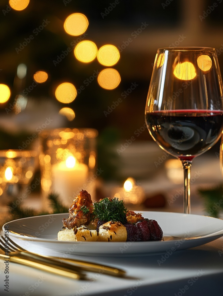 Poster Elegant dining experience featuring gourmet dish and red wine in a luxurious setting with soft lighting. Generative AI