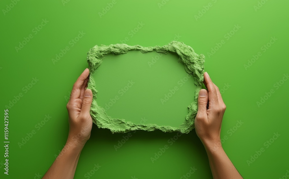 Fototapete Isolated on a green background, a hand holds a DSLR camera with an empty screen