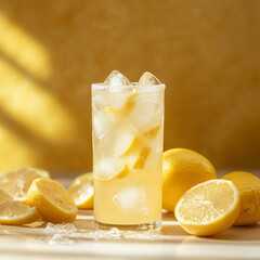 Refreshing ginger lemonade in a tall glass with ice cubes, garnished with lemon slices and ginger, bright summer feel