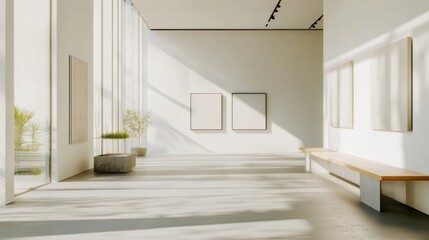 Fototapeta premium Contemporary minimalist art gallery with minimal decor. Featuring clean lines and a sophisticated layout