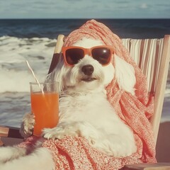 A dog sitting in a beach chair, wearing orange sunglasses and a matching headscarf, holding a glass of orange juice with a straw, enjoying a sunny seaside vacation