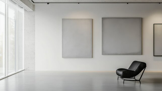 Contemporary minimalist art gallery with minimal decor. Featuring clean lines and a sophisticated layout
