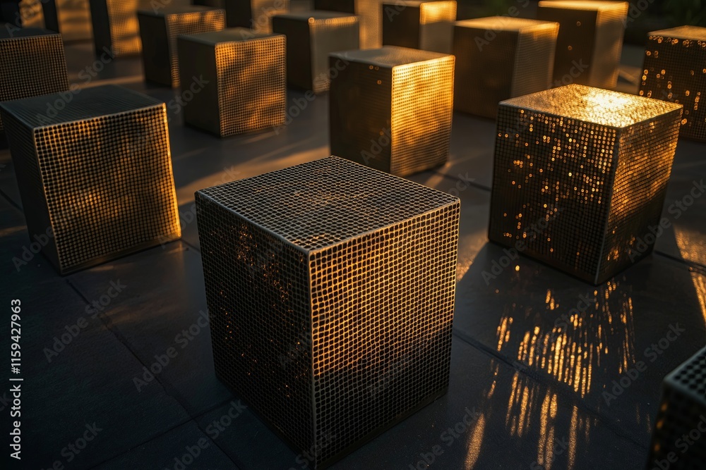 Poster Interlocking cubes with shimmering textures and shadows