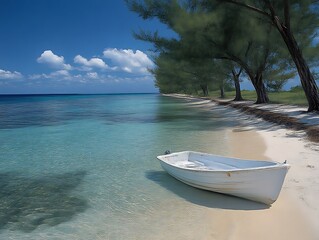 Tranquil Beach Scene With Small White Boat And Trees