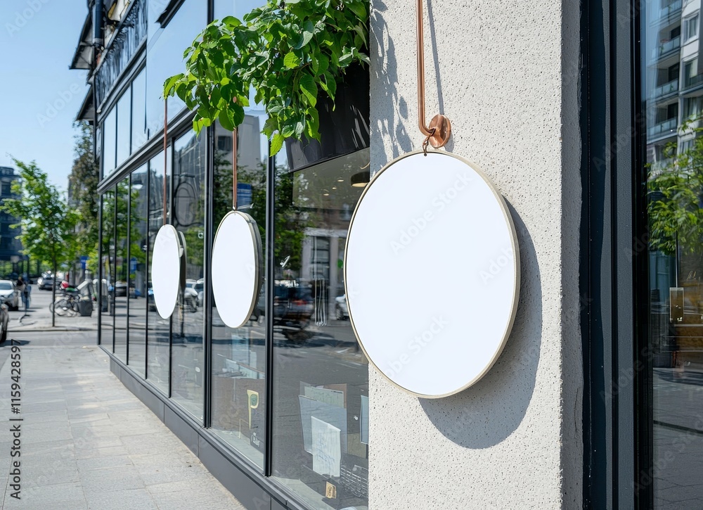 Leinwandbilder A contemporary flat design signboard mockup with an empty frame for a logo or text, displayed on a city shop background for exterior street advertising.