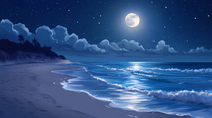 A moonlit beach with gentle waves lapping at the shore, tranquil and serene nature landscape. Moonlit. Illustration