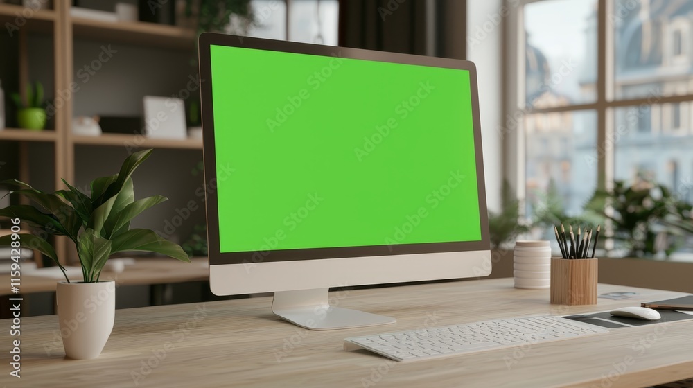 Poster An image of a wide green mock-up screen desktop computer on a desk in a modern creative office with a bright creative loft for developers and designers.
