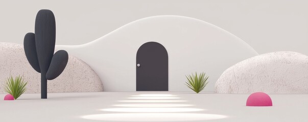 Minimalistic architecture featuring a unique entrance and plants.