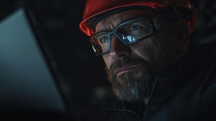 In a warehouse, a confident engineer wearing a blue jumpsuit is seen with a laptop computer.