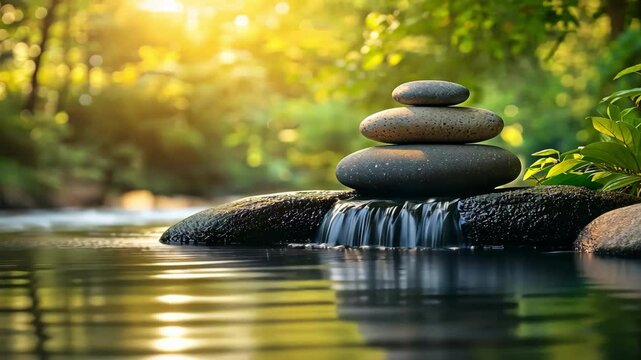 A series of rocks are placed on top of a rock in a river. The rocks are arranged in a pyramid shape, and the water is calm and clear. Concept of tranquility and peace, as the rocks