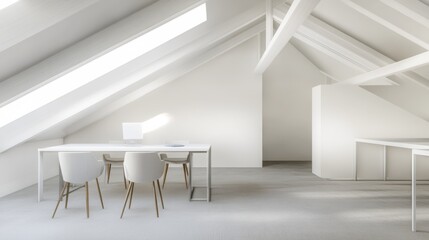 Contemporary minimalist attic space with minimal decor. Featuring clean lines and a creative design