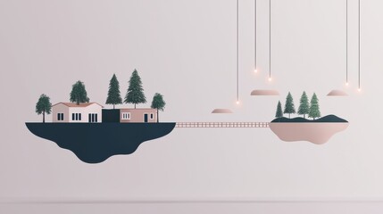 Stylish modern illustration of floating houses with trees.