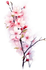 Obraz premium Watercolor painting depicting a branch with cherry blossoms in full bloom.