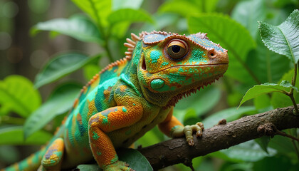 Colorful green and orange lizard perched on a branch surrounded by lush greenery