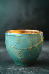 Vintage blue ceramic bowl with golden cracks, handmade and showing signs of age or wear. Perfect home decor piece for a rustic or eclectic interior.
