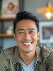 Candid portrait of a cheerful man with short hair and facial stubble.