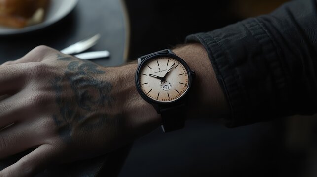 Close-up of a man's wrist wearing a wristwatch.