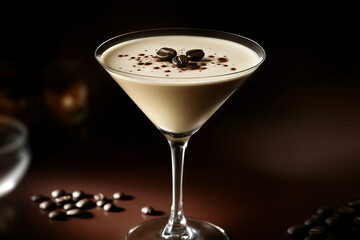 Artistic shot of espresso martini in a crystal glass, frothy top with coffee beans, warm ambient bar light