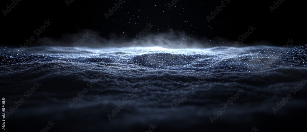 Poster A 3D rendering of an abstract wave with moving dots and lines, representing the flow of particles in a cyber technology illustration.