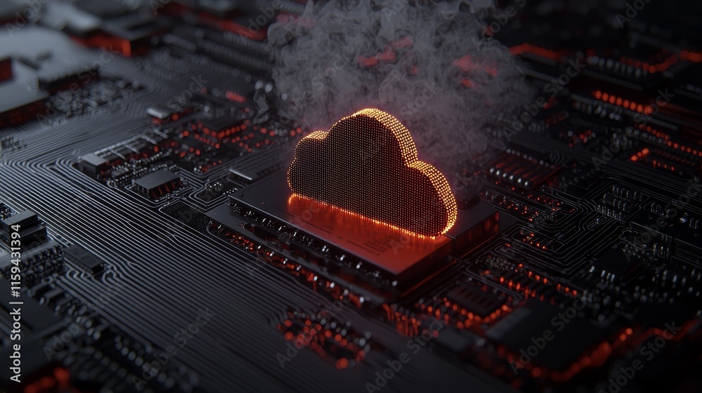 Leinwandbilder A 3D depiction of data storage technology featuring a cloud upload symbol on a microchip. Data streams from the CPU over a futuristic motherboard.