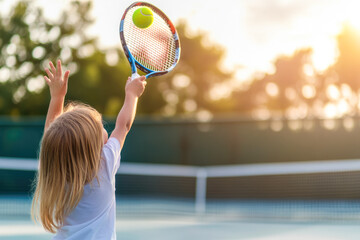 Young caucasian girl playing tennis outdoors at sunset