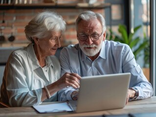 Old couple working on laptop, sharing screen, and possibly receiving help or guidance for a task on the computer.