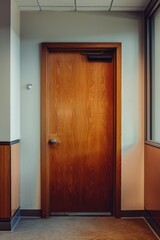 Interior of a door in a building with wooden panels, closed and secured.