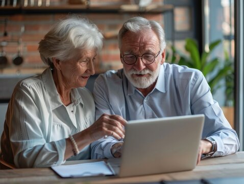 Old couple working on laptop, sharing screen, and possibly receiving help or guidance for a task on the computer.