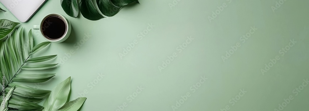 Poster a creative flat lay of workspace desk with laptop, coffee cup, and open mockup black notebook on gre