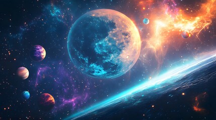 Vibrant Celestial Bodies In A Cosmic Nebula
