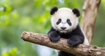 Obraz premium A cute panda cub resting on a branch in a lush green environment.