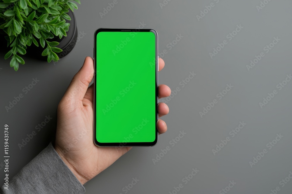 Leinwandbilder an isolated man uses a smartphone on chroma key screen. shot with third-person perspective on blank 