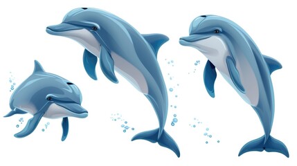 Obraz premium A family of three blue cartoon dolphins swimming in the ocean, depicting marine life and a beautiful scene of aquatic creatures.