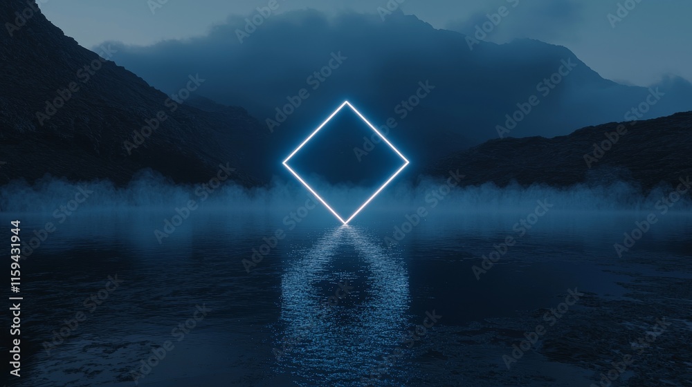 Poster an abstract futuristic 3d rendering showing neon geometric shapes and a stormy cloud in a night sky,