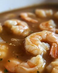 Close-up of chupe de camarones showing plump shrimp and rich, thick broth, inviting and hearty, soft lighting 