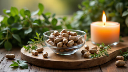 Magnesium supplements on a wooden table with herbs and lit candle, signifying health or relaxation.