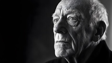 A dramatic black and white portrait of an elderly man