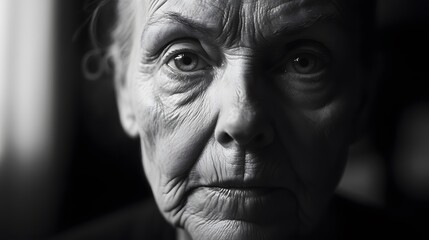 A dramatic black and white portrait of an elderly woman