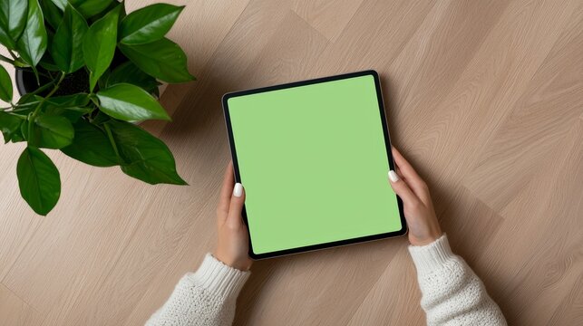 Close-up of female scrolling and tapping on content on tablet computer with green screen mock up display. Women at home reading social media posts from mobile devices.